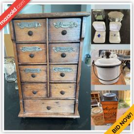 MaxSold Auction: This online auction features antiques such as advertising, glassware, shelving unit, French school desk, tools, and tins, stoneware, Steiff, country store boxes, framed paintings, holiday decor, 925 sterling jewelry and much more!