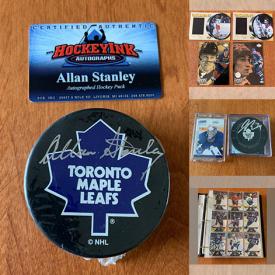 MaxSold Auction: This online auction features trading cards such as 2008/09 OPC Cards, binders of cards, Wayne Gretzky, Darryl Sittler Autographed Hockey Card, Dick Schafrath Rookie Card, Wendel Clark Rookie Card, Phil Kessel Jersey Card, Joe Juneau Rookie Card, Mike Mussina Rookie Card and others, autographed pucks, puck holders and much more!