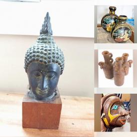 MaxSold Auction: This online auction features brass figures, porcelain statue, Chinese wall art, Moorcraft vases, antique clay bottles, Lladro figurines, antique flow blue plates, collector plates, primitive art pottery, wall mask, Tajimi pottery, African wood carvings, ginger jar, soapstone carvings, and much, much, more!!