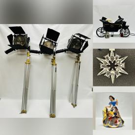 MaxSold Auction: This online auction includes Swarovski crystal ornaments, Bradford Disney figurine bells, miniature decor, Vanderbear, Steiff, silverplate, mid century style chair, vintage lamps, and much more!