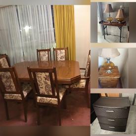 MaxSold Auction: This online auction features a Dining room set, Drawers, Office chairs, Table lamps, Bed frames, Mattress, a Computer table, Side table, a Storage container, Microwave and more!