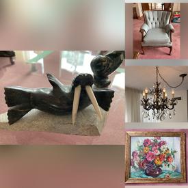 MaxSold Auction: This online auction features grandfather clock, signed artwork, Limoges, Royal Doulton, turntable, soapstone carvings, CDs, DVDs, LPs, furniture such as armchairs, side tables, coffee table, couch, Eastlake parlour chairs, and vanity with mirror, sterling silver, lamps and much more!