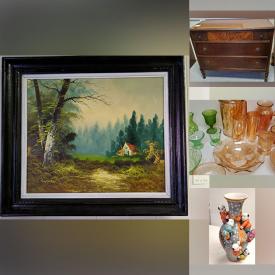 MaxSold Auction: This online auction features framed artwork, Lenox, vinyl albums, vintage dressers, writing desk, side tables, rocking chair and MCM armoire, lamps, carnival glass, home decor, costume jewelry, and much more!