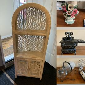 MaxSold Auction: This online auction features a wicker shelving unit, kitchenware, cast iron mini stove, vintage jewelry, accessories, clothing, old wooden furniture legs, dollhouses, metal dress form, stools, Carnival glass, metal doll beds, display racks and much more!