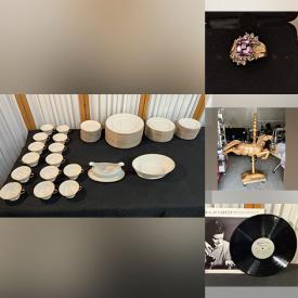 MaxSold Auction: This online auction features 14k gold and sterling silver jewelry, fine china, wooden carousel horse, pottery, books, vinyl albums, framed artwork, lounge chairs, Makita tools, Lego, new dishware and much more!