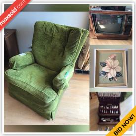 MaxSold Auction: This online auction features Chairs, Silverplate, Suitcases, Electronics, TV, Side tables, Wall art, Lamps, Tables, Stereos, Vases, Books, Crystal glass, Dishes, Decorative ceramics, Pots & Pans, Figurines, Glassware, Bags, Women\'s clothing and much more!