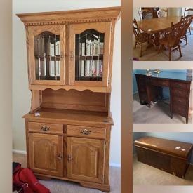 MaxSold Auction: This online auction features furniture such as a media stand cabinet, end tables, display shelf console table, dresser, cedar chest, bedframe, Kindle mahogany desk, office chair, filing cabinet, dining table set, china hutch, recliner, loveseats and others, Emperor grandfather clock, golf and other sports memorabilia, clocks, Waterford crystal, kitchenware, small kitchen appliances, cleaning supplies and tools, accessories, jewelry, camping and outdoor gear, Corningware, wall art, office supplies, fans, tools, hardware, Sun Joe power washer, Mikasa stemware, Lenox, rugs and much more!