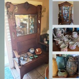 MaxSold Auction: This online auction features Antique Tiger Oak cabinet, Roseville pottery, carnival glass, antique Native vases, vintage mahogany secretary desk, vintage chandelier hurricane light, vintage settee, vintage Itzchak Tarkay wall art, French Marie Antoinette cabinet, and much more!!