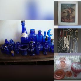 MaxSold Auction: This online auction features cobalt bottles, vintage costume jewelry, vintage costume hairpins, antique bottles, leaded stained glass window, Native American art prints, depression glass, Native American pottery, crystal table lamp,  Peggy Nisbet collector dolls, Native American animal carvings, Native American Kachinas, Native American artifacts, decorative plates, vintage camera & accessories, accordion and much more!