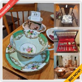 MaxSold Auction: This online auction features prints and signs, framed needlepoint art, wood style mirror, wooden chairs, serving pieces, assortment of candle sticks, salt and pepper shakers, figurines, China collection, cutlery, dishes, step stool and side table. Also includes rocking chair, upholstered seat, teacups and saucers, kitchenware, Pyrex, kitchen casseroles, glassware, glasses, lobster decorated dishes, egg cups, mugs and glasses, serving bowls, linens, decorative collector plates, side table, foot stool and bench and bookends. Includes watering can, trays and trivets, collector plates, lamps, office supplies, throw pillows, flat ware, headboard, dresser, china cabinet, table and shelving unit and much more!