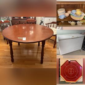 MaxSold Auction: This online auction features shelving units, media stand, Kroehler coffee table, Sklar Peppler sofa, end table, cabinets, nightstands, school desk, file cabinets, armoire, dresser, lounger, maple sideboard, dining table set and others, candles, glassware, kitchenware, Meakin dishware, Pyrex, electronics, costume jewelry, Kenmore chest freezer, step ladder, yard tools, seasonal decor, golf items, books, decorative plates, luggage set, Blue Jays memorabilia, silverplate and much more!