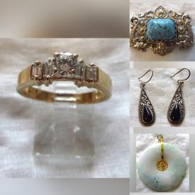 MaxSold Auction: This online auction features jewelry such as vintage ladies diamond ring, antique 14k YG pin, vintage brooches, sterling silver chains, rings and earrings, amber pendants, amethysts and much more!