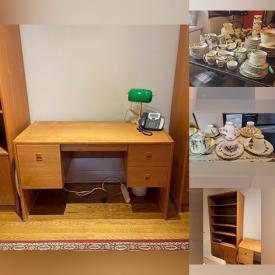 MaxSold Auction: This online auction features furniture such as upholstered chairs, side tables, tea cart, teak bookcase, dropleaf table, MCM teak desk, pine table and others, cushions, lamps, Royal Doulton dishware, Franciscanware, Aynsley teacups, lamps, quilter’s tools, linens, candles, vases, glassware, sterling silver,  books, office supplies, clothing, jewelry, antique sconce carving, microwave, silverplate, shoes, souvenir spoons and much more!