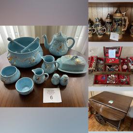 MaxSold Auction: This online auction features fine china, Royal Doulton, crystal ware, costume jewelry,  framed wall art, furniture such as drop leaf tea cart, rocking chair, hall tree bench, and writing desk with chair, HP Photosmart, music books and much more!