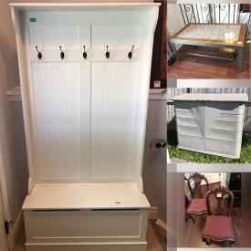 MaxSold Auction: This online auction features framed art, furniture such as dining table, dining chairs, end tables, hall tree storage unit and wooden bench, lamps, luggage, garden decor and much more!