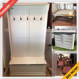 MaxSold Auction: This online auction features framed art, furniture such as dining table, dining chairs, end tables, hall tree storage unit and wooden bench, lamps, luggage, garden decor and much more!