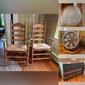 MaxSold Auction: This online auction features furniture such as a vintage desk, chairs, desk, cabinets, stools, coffee table, armchairs, cabinets and others, coat tree, fan, lamps, office accessories, wall art, air conditioner, oil lamps, rugs, refrigerator and much more!