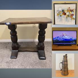 MaxSold Auction: This online auction features leather furniture, framed wall art, area rug, mirrors, TVs, leather handbags, puzzles, storage bins, new hats, table lamps, solid wood furniture, fitness gear, men’s boots & shoes, new tool bags and much more!