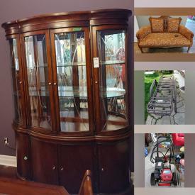 MaxSold Auction: This online auction features furniture such as a hall table, sewing table, cabinets, chairs, armchair, chaise lounge, Eastlake settee, rocker, desk, china cabinet, dining table, dining chairs and others, faux plants, garden lantern, candles, curtain rods, lamps, toys, skis, wall clock, pet cages, lighting fixtures, prints, kitchenware, small kitchen appliances, glassware, costume jewelry, bed rails, stamps, figurines, Norman Rockwell decorative plates, vintage pram, baskets, accessories and much more!