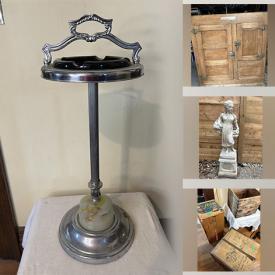 MaxSold Auction: This online auction features grandfather clock, Disney collectibles, antique gaming board, vintage dolls, BMW aluminum wheels, antique ice box, garden statue, vintage sewing machine, porcelain figurines, primitive trunk, antique secretary desk, vintage vanity, decanters and much more!