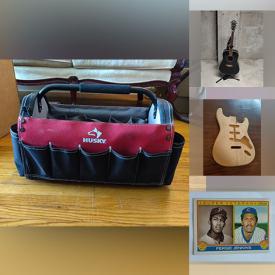 MaxSold Auction: This online auction features an Oscar Schmidt Washburn guitar, Stratocaster guitar body, hardware, hand saw, ratchets, vacuum lifters, level, impact sockets, chisels, jab saws, clamps and other tools, puzzles, kids toys, Koolatron lunch box stove, trading cards, batteries, food mill, bed sheet set, Heim mirrored serving tray, Husqvarna serger and much more!