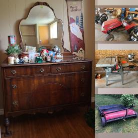 MaxSold Auction: This online auction features furniture such as benches, dining chairs, dressers, shelving units, glider rocker, bistro set, picnic table, futon, tables and others, kitchenware, small kitchen appliances, linens, bags, accessories, Depression glass, books, crystalware, Philco turntable, toy sewing machine, office supplies, vintage GE refrigerator, cleaning supplies, Campbell Hausfeld compressor, ladders, sump pump, riding lawnmower, hardware, radial saw and other tools, White Outdoor lawn sweeper, coins, oil lamps and much more!