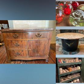 MaxSold Auction: This online auction features antique leather bible, antique and vintage light fixtures, vintage Wedgwood, furniture such as antique wash basin cabinet, vintage Bassett buffet table, and vintage jelly jar cabinet, vintage art glass, ceramic tiles, vintage tools, kitchenware and much more!