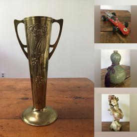 MaxSold Auction: This auction features vintage Kachina doll, antique wood pulley, art pottery, art glass, teacup/saucer sets, crocks, cranberry glass, vintage prayer wheel, fishing gear, vintage flower frog, antique metal cars and much more!