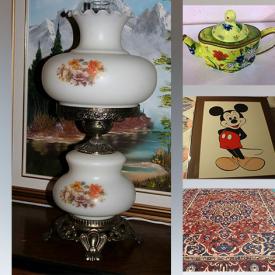 MaxSold Auction: This online auction features decorative plates, cameras, vintage hurricane lamp, vintage lockets, coins, banknotes, novelty teapots, area rug, James Bessey watercolors, Harley Davidson apparel, sterling jewelry, oil lamps, watches, guitar, violin, vintage brooches, pocket watches and much more!