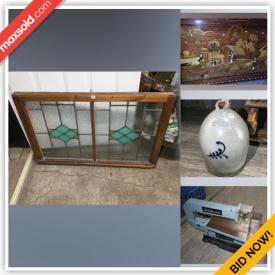 MaxSold Auction: This online auction features antique stained glass window, coins, watch, stoneware jug, power & hand tools, antique books, antique treadle sewing machine, vintage postcards, metal signs, Wade nursery rhymes figures, antique glass insulators, antique typewriter and much more!