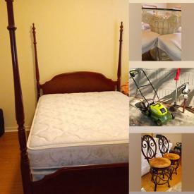 MaxSold Auction: This online auction features TV armoires, table lamp, 4 post bed, yard tools, patio chairs, bar stools, sewing machine and much more!