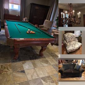 MaxSold Auction: This online auction features pool table, Bergere chairs, metal chandelier, upholstered dining room chairs, wingback chairs, ottomans, framed wall art, Papasan chair, leather chairs and much more!