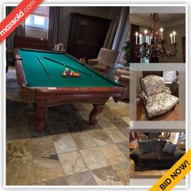 MaxSold Auction: This online auction features pool table, Bergere chairs, metal chandelier, upholstered dining room chairs, wingback chairs, ottomans, framed wall art, Papasan chair, leather chairs and much more!