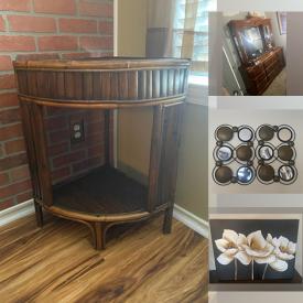 MaxSold Auction: This online auction includes a bamboo corner stand, tables, bedframe, dresser and others, wall art, vases, stereo speaker, lamps, mirror, golf club set, coats and more!