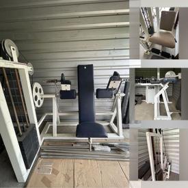 MaxSold Auction: This online auction features workout equipment such as a leg press machine, Xmomentum spin bike, squat racks, Weslo cardio machine, flat bench press, Lat pullover exercise machine and others, dumbbell rack, dumbbells, resistance bands, weight plates and more!