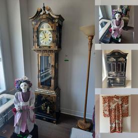 MaxSold Auction: This online auction features a chandelier, wall art, rugs, kimono, kitchenware, small kitchen appliances, faux plant, needlepoint, books, plant pots, cast iron urn, humidifier, grandfather clock and others, furniture such as a stone top table, bedframe, chairs, desk, sofa, armoire and much more!