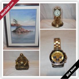 MaxSold Auction: This online auction features Antique Victorian men's travelling cosmetic set, Johnny Walker 1 gallon bottle, bronze Buddha statue, prints, oil painting, Royal Albert, Royal Doulton, mantel clock, pocket and other watches, sterling silver jewelry, vintage wooden ship model, lithograph, post cards, cranberry pieces, pine cabinet, Vintage German gold-plated plates and much more!