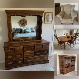 MaxSold Auction: This online auction features a retro wall unit, file cabinet, winged armchair, coffee table, wood desk, tea cart and others, mirror, lamps, dried floral arrangements, wall art, kitchen tools, air tools, baskets, clothes steamer, tent and much more!