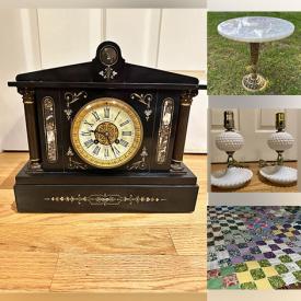 MaxSold Auction: This online auction features antique mantel clock vintage jewelry, framed original art, fine china, CDs, furniture such as marble table, rocking chairs, vintage MCM table, and folding chairs, exercise equipment, lamps, kitchenware, sterling silver, wireless drawing tablet and much more!