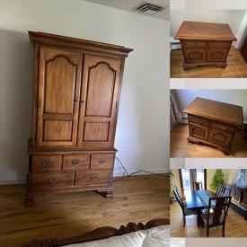 MaxSold Auction: This online auction features furniture such as a metal desk, swivel chair, desk, Thomasville bedframe, end tables, nightstand, sofa, dining room chairs and others, drapes, chandelier, wall art, rugs, kitchenware, electronics and much more!