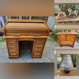 MaxSold Auction: This online auction features antique grandfather clock, CNR lantern, wicker peacock chairs, oak roll-top desk, barware, side tables, milk glass, books, wall art, display case, area rugs and much more!