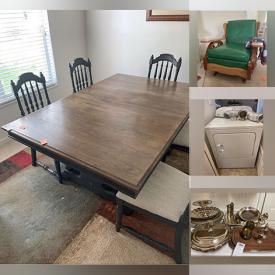 MaxSold Auction: This online auction features fine china, sterling silver, wall art, furniture such as oak cabinet, Thomasville dining table and chairs, antique oak bookcase, leather recliner, mahogany dresser and filing cabinets, Christmas decor, shelving units, kitchenware, glassware, exercise equipment, vintage trunks, Whirlpool washer and dryer and much more!