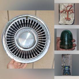 MaxSold Auction: This online auction features mineral specimens, hub caps, board games, vintage tins, perfume bottle, art glass, stained glass ornaments, jewelry, sports trading cards, antique insulator, vintage tools, gold clubs, fishing gear, milk glass, electric lawnmower and much more!