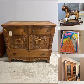 MaxSold Auction: This online auction includes 36” TV, wall art, antique rocking horse, furniture such as Drexel china cabinet, dining table and chairs, antique walnut server, antique secretary desk, slipper chairs, sofas,, coffee tables, and lounge chair, small kitchen appliances, dishware, household decor, lamps, and much more!