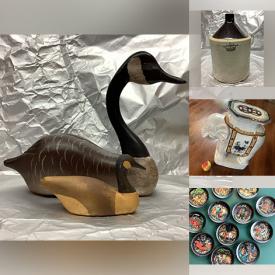 MaxSold Auction: This online auction features vintage duck decoy, antique crock, needlepoint pillows, art glass, decanters, pewter tankards, small kitchen appliances, Toby mug and much more!