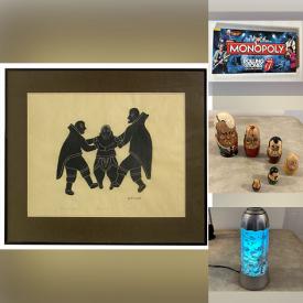 MaxSold Auction: This online auction features Helen Kalvak original art, solar lights, framed photographs, brass table tray, Lava lights, art glass, Tunisian drum, art pottery, Matryoshka nesting doll set, display mask, mineral eggs, art glass, games, Pop! collectibles and much more!