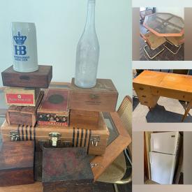 MaxSold Auction: This online auction features furniture such as a vintage dresser, tables, chairs, wicker stands, old army cots and others, wooden crates, light fixtures and lamps, posters, signs, TV, vintage sewing machine, Frigidaire oven, refrigerator and much more!