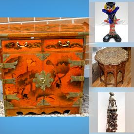 MaxSold Auction: This online auction includes furniture such as a vintage tea cart, oriental cabinet, Hoshiarpur table and others, wall art, jewelry, vintage Murano glass, Satsuma tea set, coins, Baoule ceremonial mask, kilim-style carpet, ring fill light, vintage Chinese pagoda, mini eyeball dome camera, Moroccan carpet, vintage Nippon china, Lladro, antique sad irons, bicycle, urns, metal signs, dolls and much more!