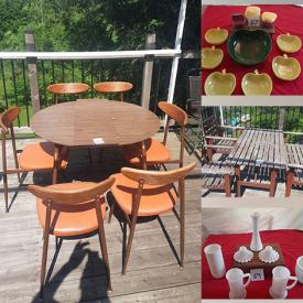 MaxSold Auction: This online auction includes furniture such as an outdoor table set, MCM dining table and chairs and others, Tupperwares, Pastry Press glassware, canisters, Melmac dishware, games, Anchor Hocking, chalkware, Pyrex, seasonal decor, metal decor, milk glass, lights and much more!