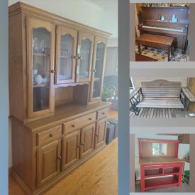 MaxSold Auction: This online auction includes furniture such as a china cabinet, shelving units, tables, Sterling piano, glider, desk, tables, bookcases, night tables, desk, table set, work bench, tool chest and others, Staffordshire china, cutlery, figurines, mirror, vases, jugs, cameras, speakers and other electronics, crystalware, dehumidifier, tools, vintage phone, clock, horse brass, fire tools, steins, Broilmate BBQ grill, garden tools, ladders and more!